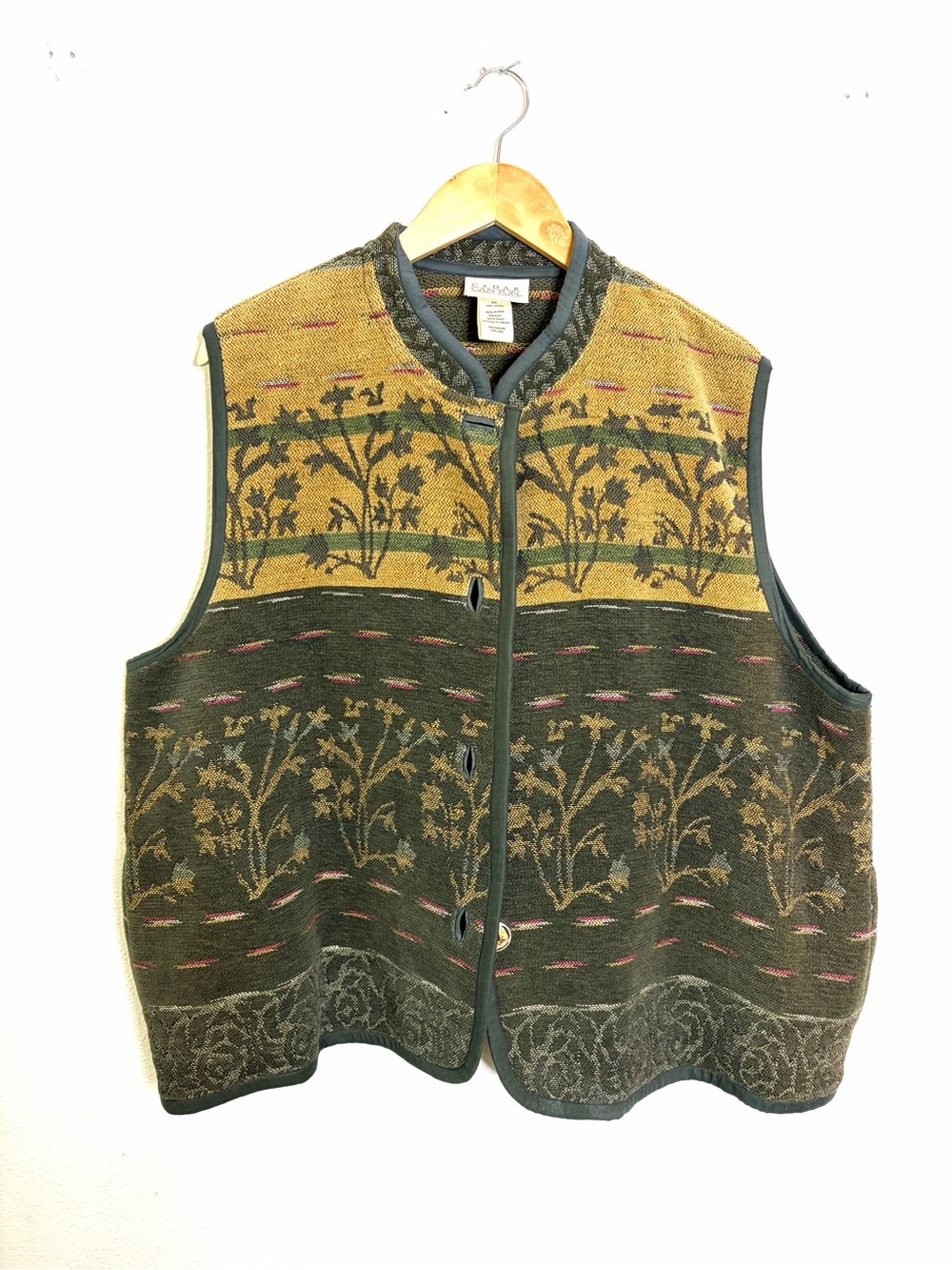 Vintage 90s 100% cotton tapestry vest womens 2x green tan floral Cabincore
